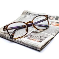 a folded newspaper with a pair of glasses on top