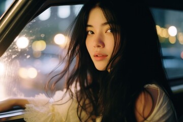 Obraz na płótnie Canvas Fashionable Ride: Embrace the Stylish Vibes of a Korean Model Smiling in a Car, generative ai