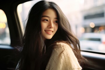 Fototapeta na wymiar Korean Chic: Explore the Trendy Style of a Cute Model Smiling Inside a Car, generative ai