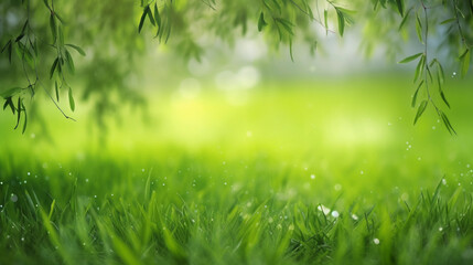 Fototapeta na wymiar Nature of Green Grass on beautiful Greenery bokeh background and copy space for text. Using as environment ecology cover page. Generative Ai