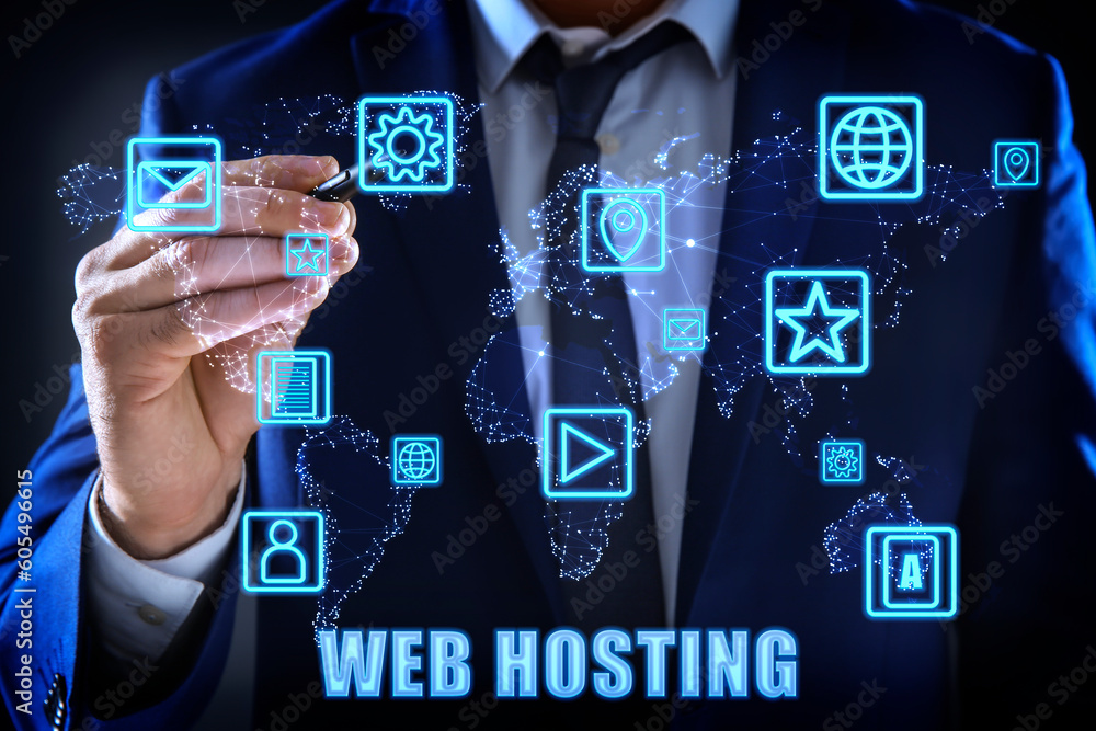 Poster web hosting. man touching icon on digital screen with world map, closeup