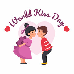 World Kiss Day. Boy kisses girl. Cute illustration with children. Сouple in love. Valentine day card.