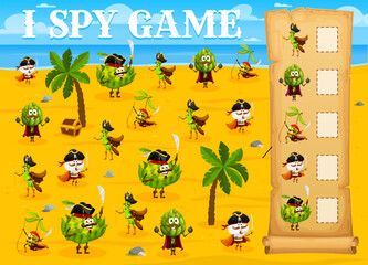 I spy game worksheet, cartoon vegetable pirates and corsairs characters, vector quiz worksheet. Kids puzzle or riddle to find two same artichoke pirate, mushroom corsair captain and olive sailor