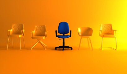 Obraz premium The blue chair that stands out from the crowd. Business concept 3D rendering. We are hiring. Leadship concept.