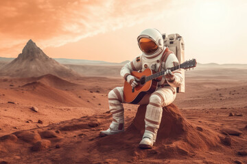 Astronaut in a white space suit sitting on a rock on mars playing the guitar