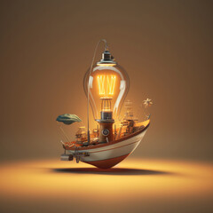 Fototapeta na wymiar Creative ligh tbulb illustration of a lighthouse boat