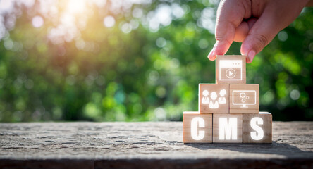 CMS, Content management system concept, Person hand holding wooden block with Content management system icon on virtual screen background, business web computer website administration.