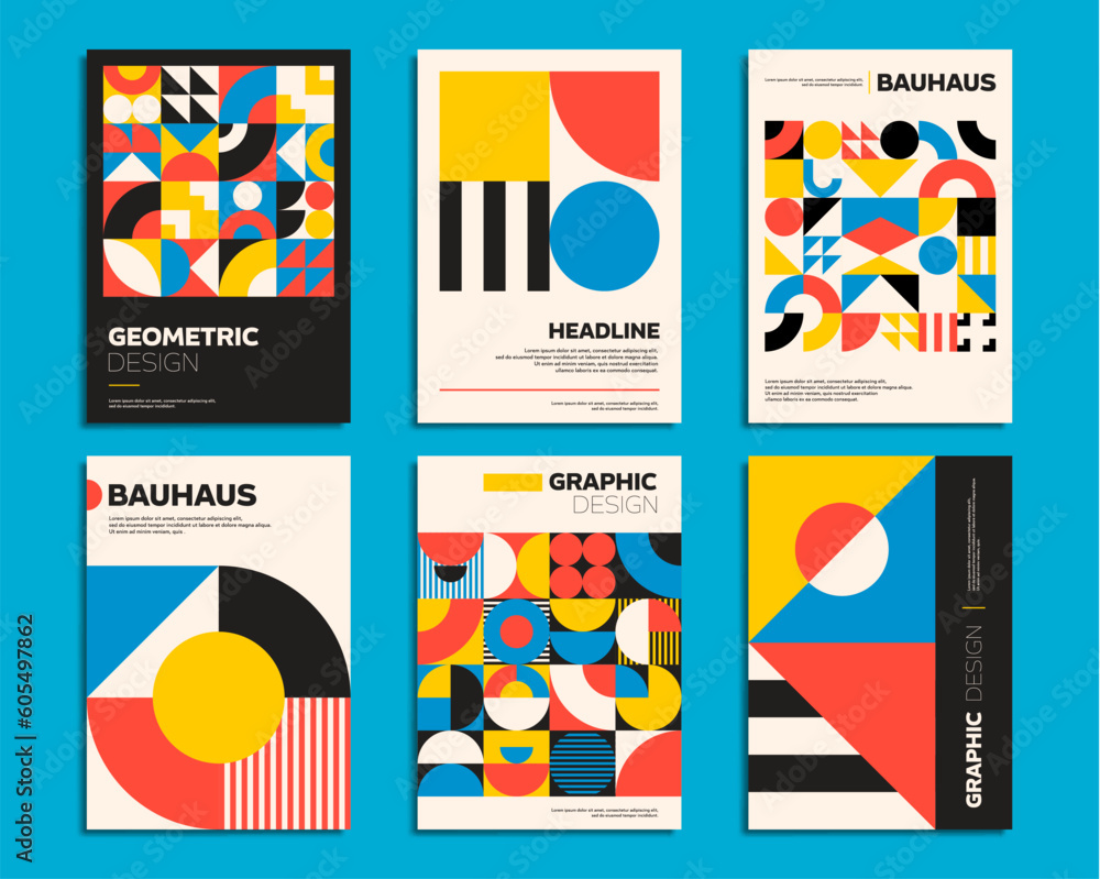 Poster Geometric Bauhaus posters with abstract patterns, vector backgrounds for covers. Modern geometric shapes and Bauhaus color art posters with pattern of square, circle and triangle mosaic tiles
