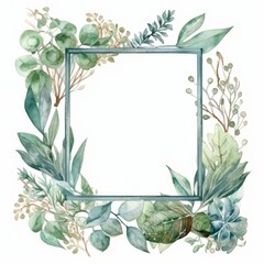 A square frame on white background with watercolor floral elements. Generative AI. 