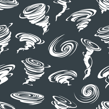 Tornado, hurricane, cyclone seamless pattern. Windstorm twirl, storm and blizzard air vortex vector seamless background. Fabric prnt and wrapping paper print with tornado wind twister