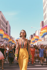 lgbtq+ community during pride parade celebrating pride month with colorful retro backgrounds
