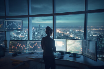 Fototapeta premium Finance trade manager analysing stock market, crypto or forex indicators for best investment strategy, financial data and charts with business buildings in background