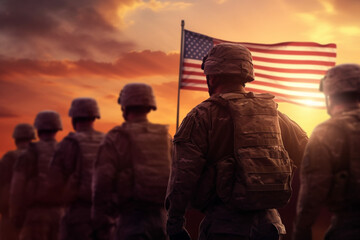 Group or army soldiers salute and honor the USA american flag, memorial day to remember war victims