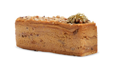 Piece of delicious layered honey cake isolated on white