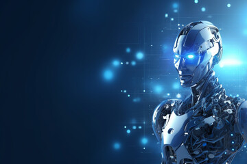 Humanoid cyborg robot powered by artificial intelligence, background banner, concept of machine learning advanced technology, AI