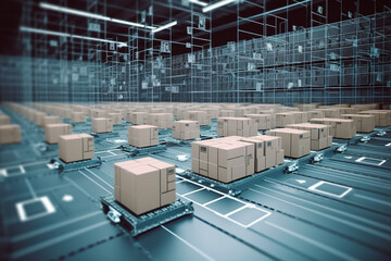 Futuristic logistics warehouse or shipping center, using advanced technology and AI
