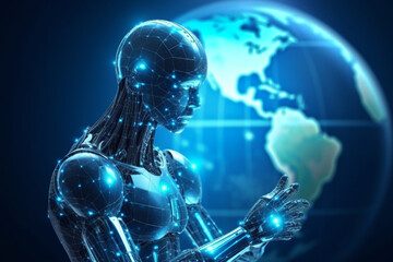 Humanoid cyborg robot with planet earth, concept of artificial intelligence and advanced technology taking over, ai