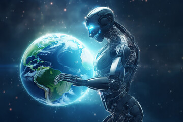 Fototapeta na wymiar Humanoid cyborg robot with planet earth, concept of artificial intelligence and advanced technology taking over, ai