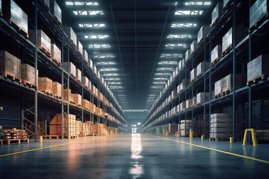 Modern logistic warehouse interior. high-ceilinged space filled with orderly rows of polished, steel storage racks neatly stacked