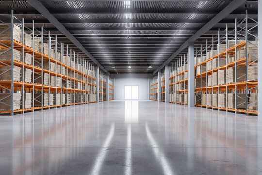 Modern logistic warehouse interior. high-ceilinged space filled with orderly rows of polished, steel storage racks neatly stacked