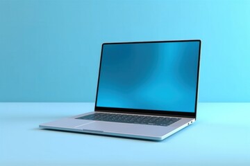 Laptop computer mockup with pastel blue screen, electronic mobile device isolated on colorful pastel background. Modern technology concept. Digital illustration created with generative ai