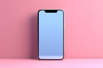 Mobile phone mockup with pastel blue screen, electronic mobile device isolated on colorful pastel background. Modern technology concept. Digital illustration created with generative ai