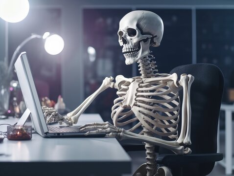 Exhausted Skeleton Typing at Computer in Modern Office Chair, Generative AI