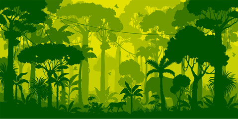 Jungle forest silhouette, rainforest background. Amazon forest scenery, african or Brazil jungle environment vector backdrop, wallpaper with palm trees, lianas, jaguar and elephant animals silhouettes - obrazy, fototapety, plakaty