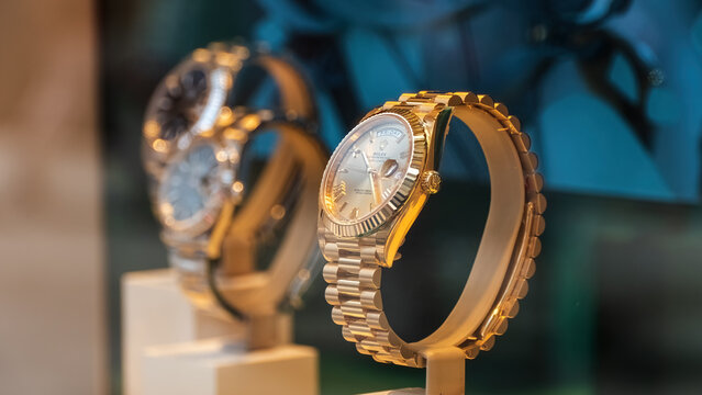 GERMANY - AUG 02, 2022: Rolex Hand Watch on Shop Window