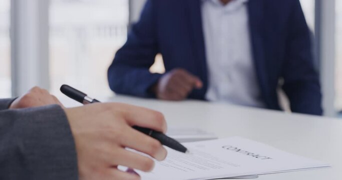 Interview, contract and a human resources manager signing paper in the office during a hiring or recruitment meeting. Management, documents and agreement with hr business people in the boardroom