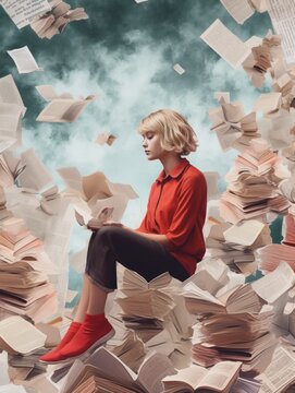 Immersive Escapism: The Dreamy Realm of a Bookish Woman Surrounded by a World of Literature, generative ai