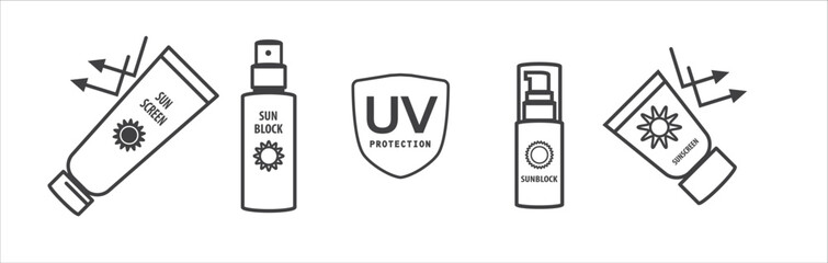 Sunscreen icon set. Simple scincare to summer, sunblock and sunscreen icon vector illustration.