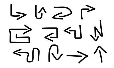 Charcoal arrows, wavy lines, crosses and check marks vector icons set. Hand drawn freehand different curved lines, swirls arrows. Thick charcoal drawing. Direction pointers. Scribbles and scrawls