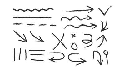 Charcoal arrows, wavy lines, crosses and check marks vector icons set. Hand drawn freehand different curved lines, swirls arrows. Thick charcoal drawing. Direction pointers. Scribbles and scrawls