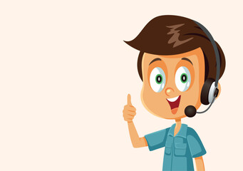 Happy Boy with Wireless Headphones Taking a Call Vector Cartoon. Child using hands free headset to communicate on a phone call

