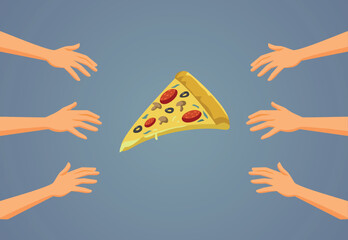 Hungry People Craving for the Last Pizza Slice Vector Cartoon. Family sharing one dish fighting over the last piece of food

