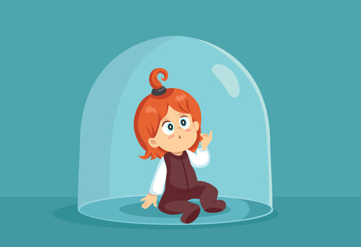 Toddler Child Sitting Under a Dome by Overprotective Parents Vector Cartoon. Little girl being shielded from the outside dangerous world 
