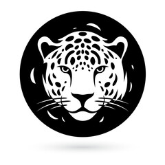 A black and white tattoo-inspired illustration of a leopard head inside a circular border on a white background