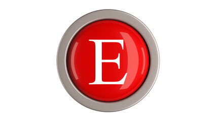 Red Button 3d with letter E white color  on top, 3d button PNG isolated white background