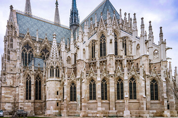 The Votive Church's facade. It is a neo-Gothic church located on the Ringstrabe. The church was...