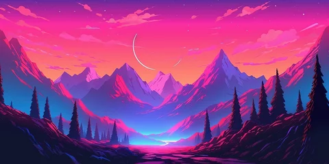 Fotobehang Roze Aesthetic mountain synthwave retrowave wallpaper with a cool and vibrant neon design, Generative AI