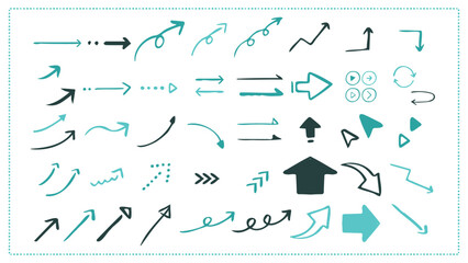 ビジネスカラーなブルーの手描き矢印。シンプルなベクターイラスト素材セット
