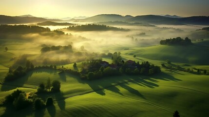 Wonderful foggy green field at sunrise, view from above, Europe generative ai variation 4