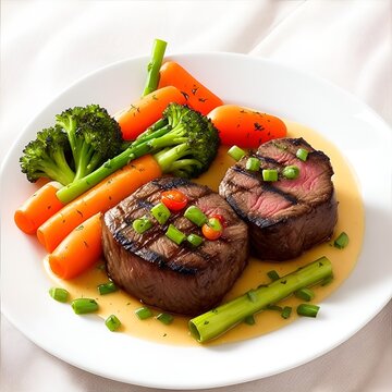 Succulent filet mignon perfectly grilled, served with fresh and colorful vegetables