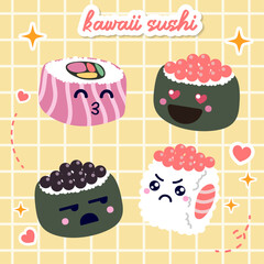 kawaii sushi and rolls vector in japan anime manga style with cute smiling face pink cheeks. Japanese traditional cuisine dishes. Chopstick, nigiri, tamago, uramaki, futomaki, wasabi flat illustration