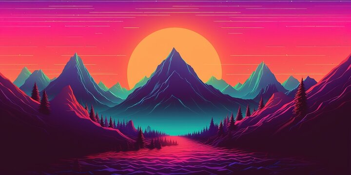 Aesthetic Mountain Synthwave Retrowave Wallpaper With A Cool And Vibrant Neon Design, Generative AI