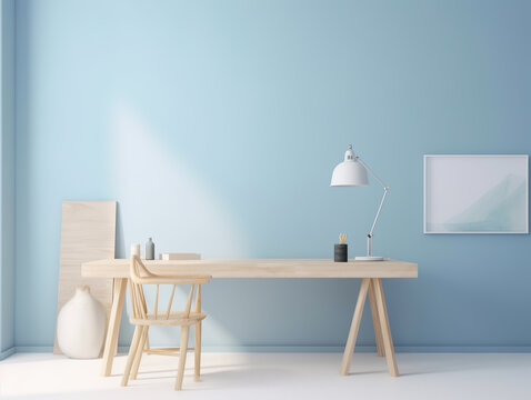 Home office workspace with office supplies. Interior living space in hotel and wall wood decoration. Naturalistic wooden table with chair on a light blue wall. Generative AI