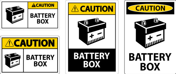 Caution Battery Box with Icon Sign On White Background