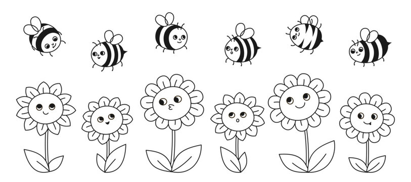 Bee honey characters and flowers cute linear cartoon set. Comics kids honeybee insect characters with funny faces. Cute hand drawn summer comic smiley striped bees retro design vector illustration