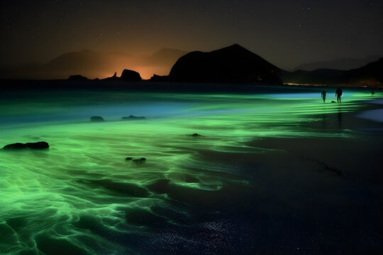 Glowing sea bioluminescent algae covered shoreline at night
